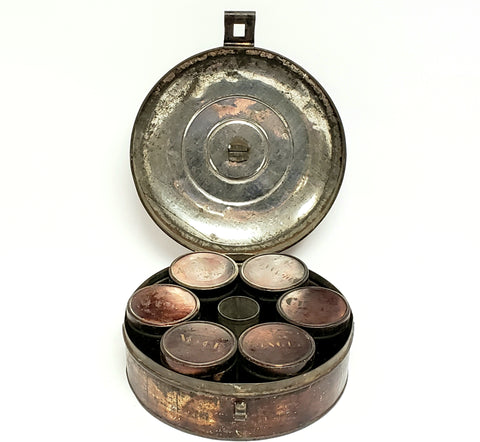 Round Spice Box Set with 6 Original Stenciled Spice Tins ~ c. Late 1800's
