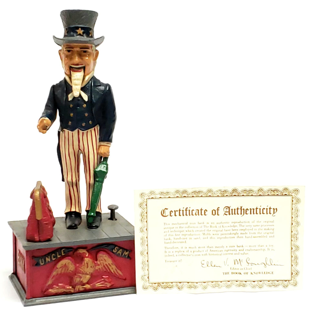 Uncle Sam Mechanical Bank w/ Signed Certificate of Authenticity Book of Knowledge