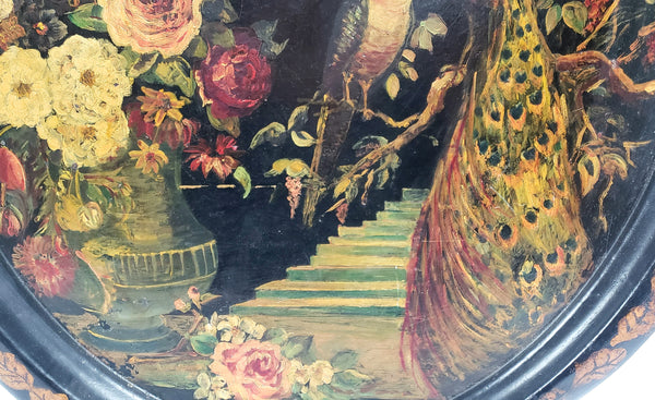 Antique Large 24 in Oval Decorated Toleware Tray with Elegant Peacocks and Floral