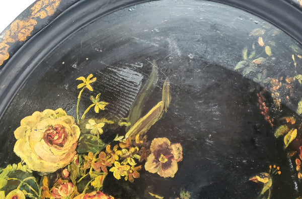 Antique Large 24 in Oval Decorated Toleware Tray with Elegant Peacocks and Floral