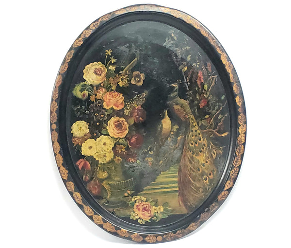 Antique Large 24 in Oval Decorated Toleware Tray with Elegant Peacocks and Floral