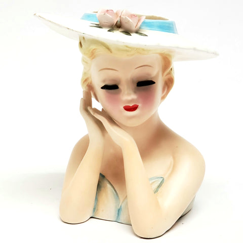 Mid-Century Lefton 6" Lady Head Vase Blue & White Brimmed Hat Pink Roses - #2900