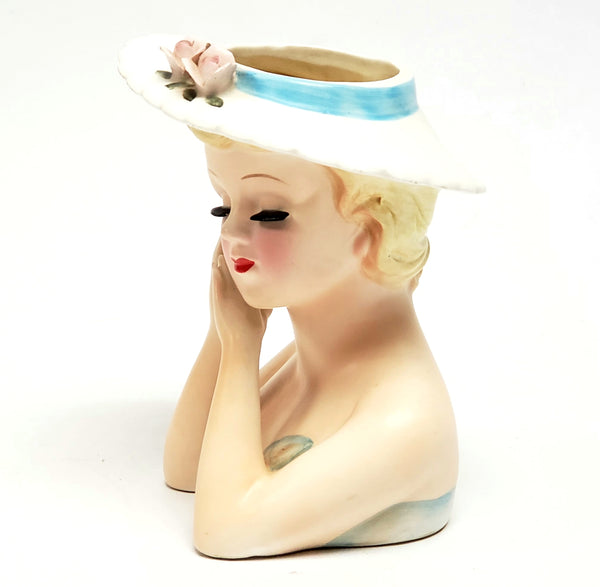 Mid-Century Lefton 6" Lady Head Vase Blue & White Brimmed Hat Pink Roses - #2900