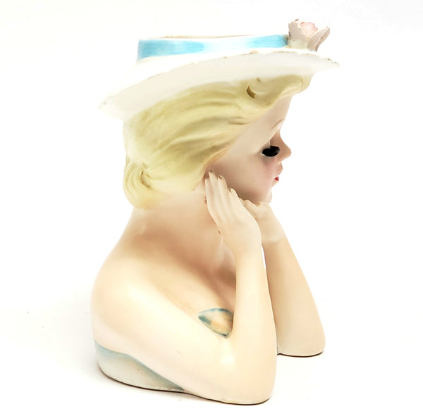 Mid-Century Lefton 6" Lady Head Vase Blue & White Brimmed Hat Pink Roses - #2900