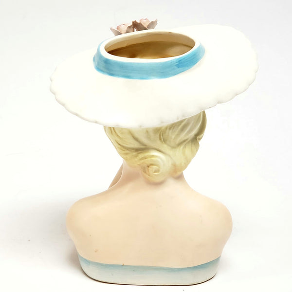 Mid-Century Lefton 6" Lady Head Vase Blue & White Brimmed Hat Pink Roses - #2900
