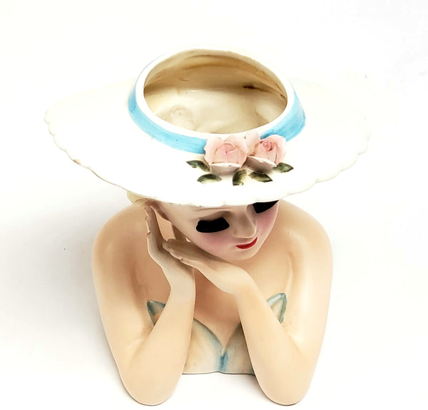 Mid-Century Lefton 6" Lady Head Vase Blue & White Brimmed Hat Pink Roses - #2900