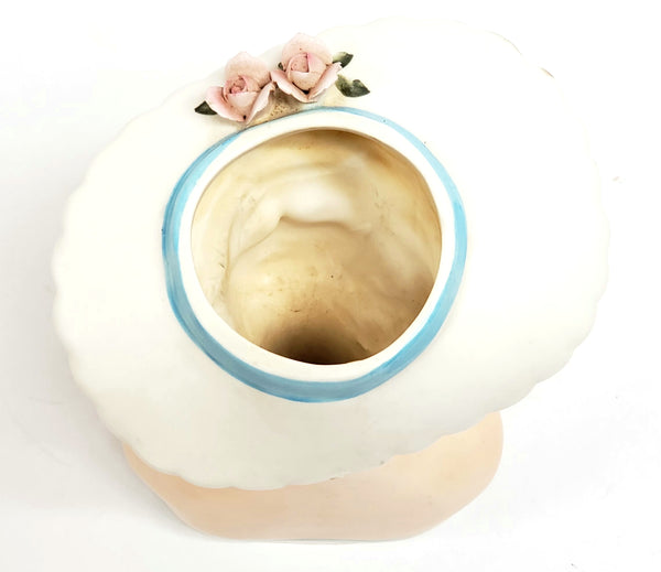 Mid-Century Lefton 6" Lady Head Vase Blue & White Brimmed Hat Pink Roses - #2900
