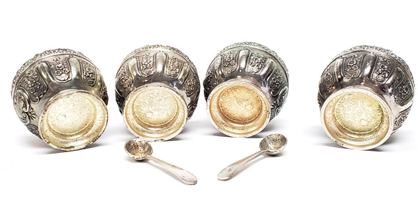Antique Japanese Art Nouveau Open Salt Cellars w/ Cobalt Blue Glass Liners & Two Spoons