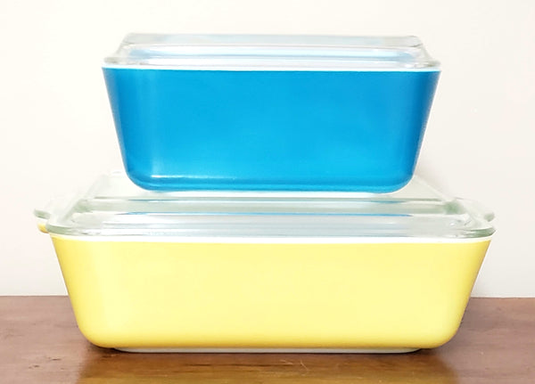 Pyrex Yellow & Blue Primary Lidded Glass Refrigerator Storage Dishes 500 Series