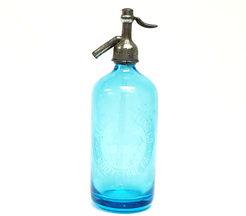 Vintage Etched Aetna Bottling Co. Blue Glass Seltzer Bottle With Siphon