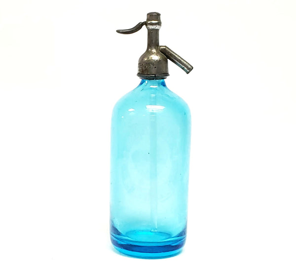 Vintage Etched Aetna Bottling Co. Blue Glass Seltzer Bottle With Siphon