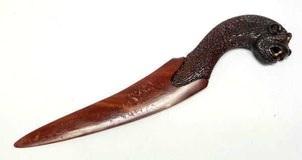 Unusual Wood Carved Paper Knife, Letter Opener Mythical Figural Primate - Ape Head