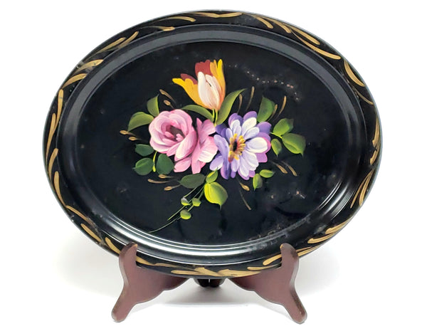 Vintage Hand-Painted Petite Oval Floral Toleware Tray