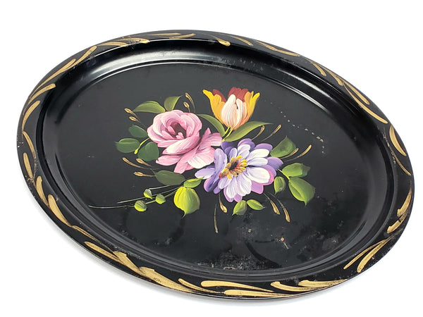 Vintage Petite Painted Oval Floral Toleware Tray