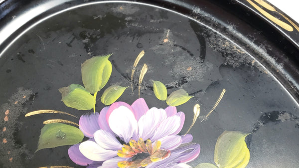 Vintage Hand-Painted Petite Oval Floral Toleware Tray