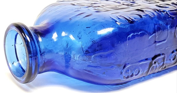Unusual Cobalt Blue Flask Bottle with Embossed Scrollwork