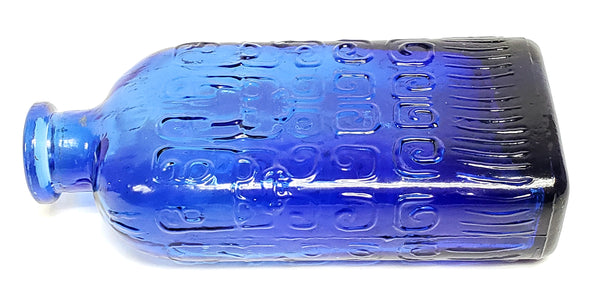 Unusual Cobalt Blue Flask Bottle with Embossed Scrollwork