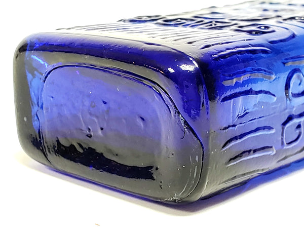 Unusual Cobalt Blue Flask Bottle with Embossed Scrollwork