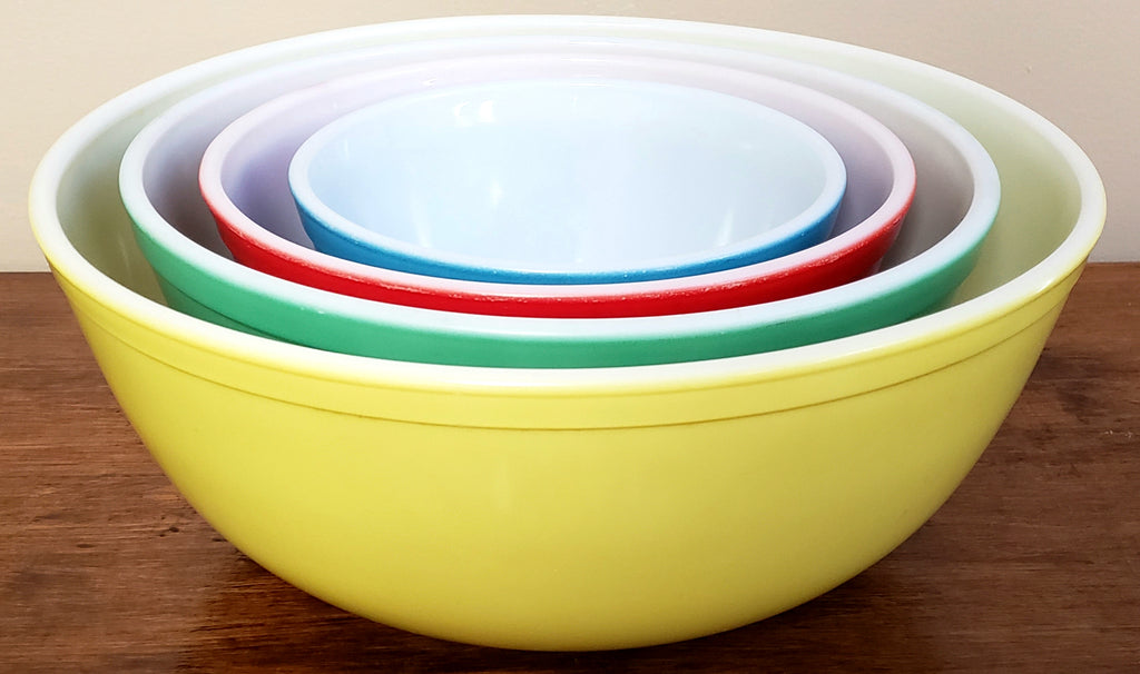 Pyrex Nesting Glass Mixing Bowls, Blue, Red, Yellow Clear Bottom