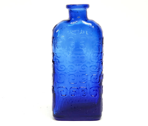 Unusual Cobalt Blue Flask Bottle with Embossed Scrollwork