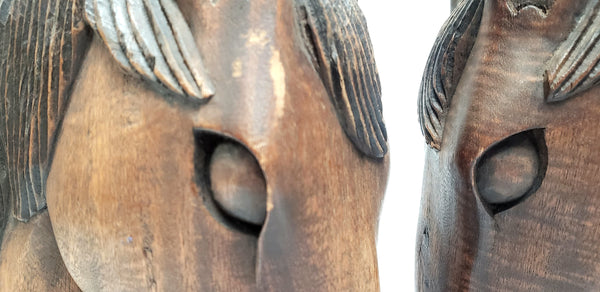 Vintage Wooden Carved Sculptural Horse Heads - Set of 2