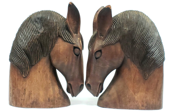 Vintage Carved Wood Sculptural Horse Heads - Set of 2