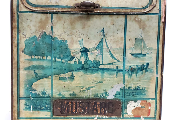 Antique General Store Counter Spice Mustard Bin w/ Litho Nautical Scene