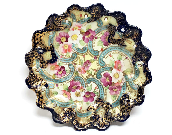 Antique Hand Painted Polychrome Beaded Plate With Unusual Early Mark