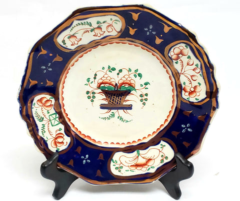Antique Gaudy Welsh Hand Painted 9 in Plate Flower Basket Pattern c 1820-1860