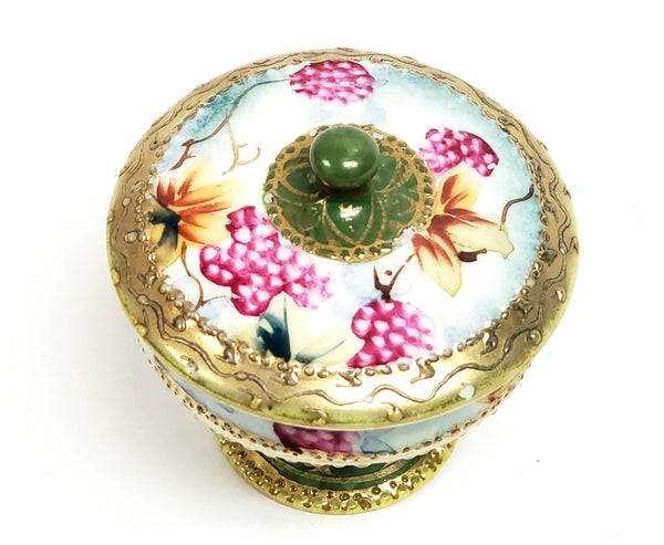 Antique Nippon Lidded Ring Dish, Hand-Painted Porcelain - Maple Leaf Mark c 1891