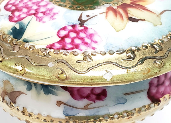 Antique Nippon Lidded Ring Dish, Hand-Painted Porcelain - Maple Leaf Mark c 1891