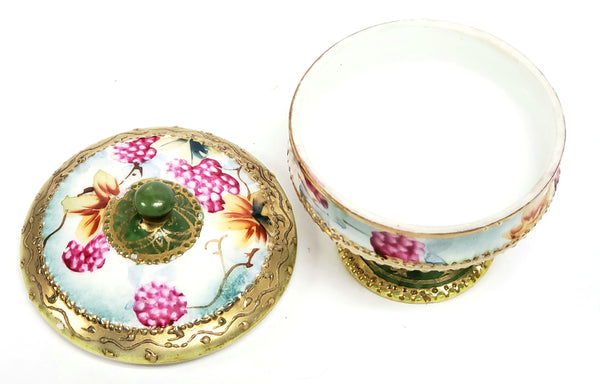 Antique Nippon Lidded Ring Dish, Hand-Painted Porcelain - Maple Leaf Mark c 1891