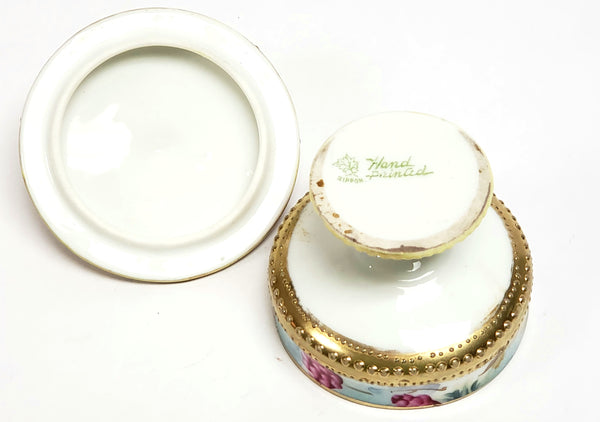 Antique Nippon Lidded Ring Dish, Hand-Painted Porcelain - Maple Leaf Mark c 1891