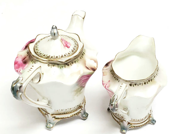 Antique RS Prussia Footed Tea Pot & Creamer Pink Roses Satin Finish - Red Mark