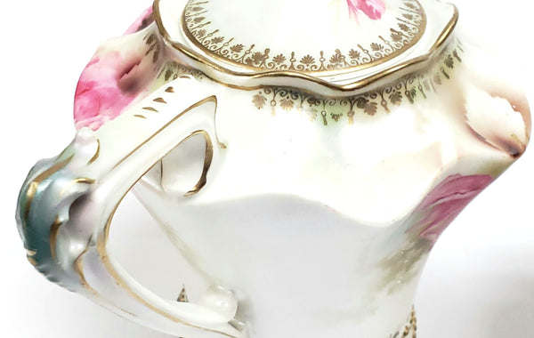 Antique RS Prussia Footed Tea Pot & Creamer Pink Roses Satin Finish - Red Mark