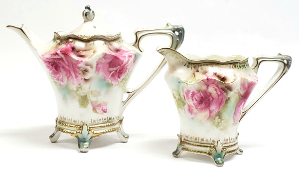 Antique RS Prussia Footed Tea Pot & Creamer Pink Roses Satin Finish - Red Mark