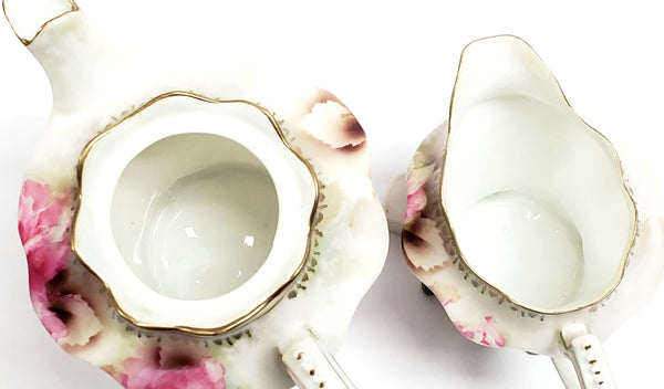 Antique RS Prussia Footed Tea Pot & Creamer Pink Roses Satin Finish - Red Mark