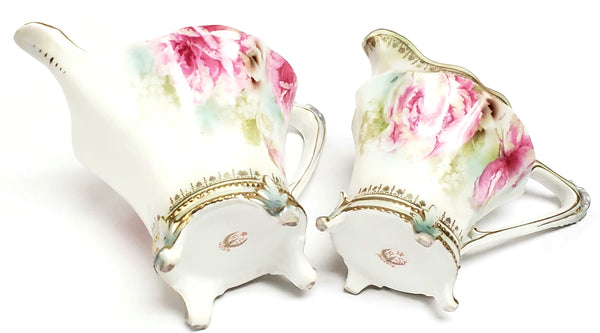 Antique RS Prussia Footed Tea Pot & Creamer Pink Roses Satin Finish - Red Mark