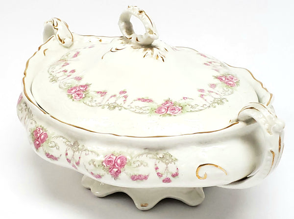 Early Oval Covered Vegetable Bowl, Pink Rose Swags by Johnson Brothers England