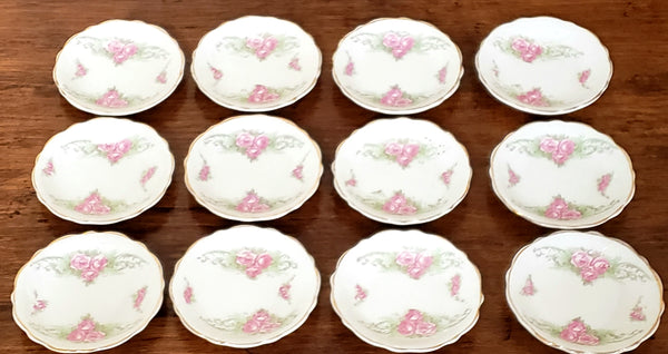 Antique Round Butter Pat Dishes, Set of 12, Pink Rose Clusters by Johnson Brothers England