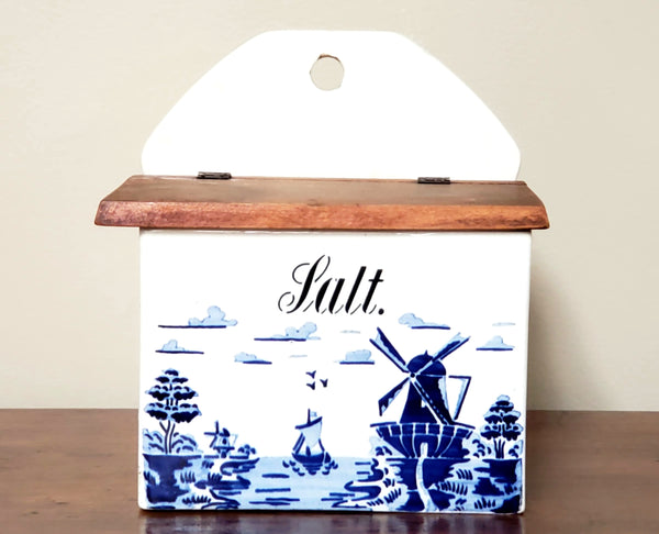 Vintage Cobalt Blue and White Ceramic Salt Box, Windmill & Sailboat Scene, Germany