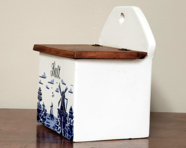 Vintage Cobalt Blue and White Ceramic Salt Box, Windmill & Sailboat Scene, Germany