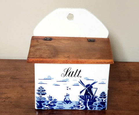 Vintage Cobalt Blue and White Ceramic Salt Box, Windmill & Sailboat Scene, Germany