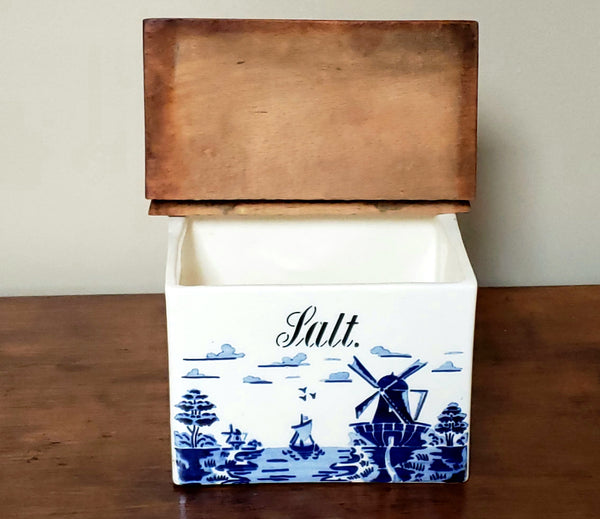 Vintage Cobalt Blue and White Ceramic Salt Box, Windmill & Sailboat Scene, Germany