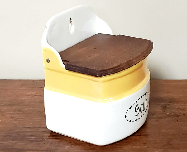 Czechoslovakia Deco Yellow & White Ceramic Salt Box w/ Wooden Flip Top Lid