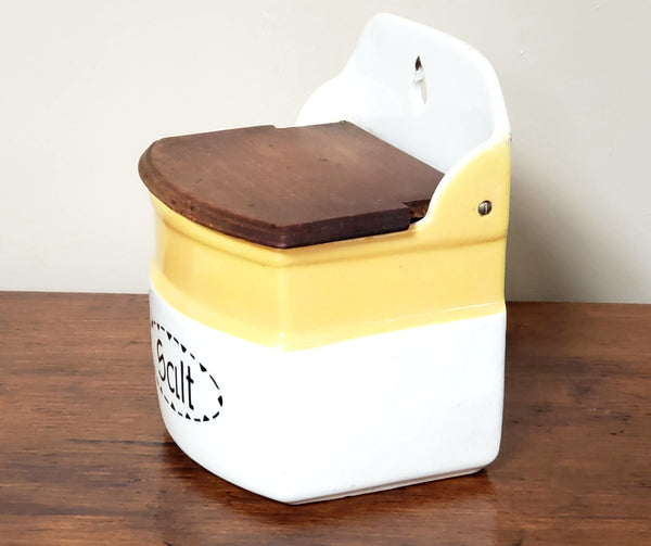 Czechoslovakia Deco Yellow & White Ceramic Salt Box w/ Wooden Flip Top Lid