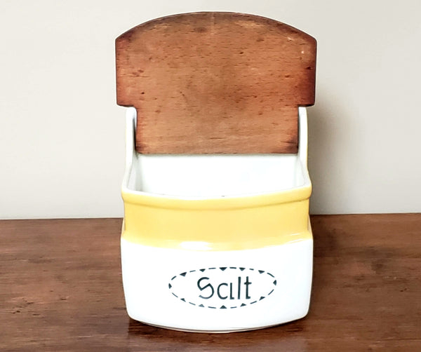 Czechoslovakia Deco Yellow & White Ceramic Salt Box w/ Wooden Flip Top Lid