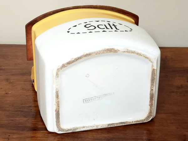 Czechoslovakia Deco Yellow & White Ceramic Salt Box w/ Wooden Flip Top Lid