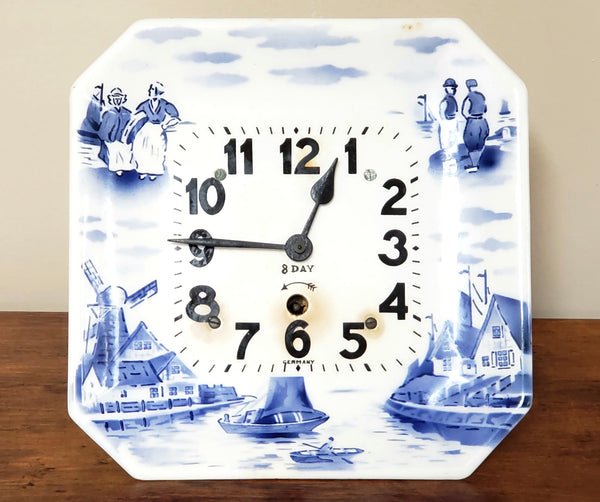 German Blue & White 8 Day Wall Clock, Delft Holland Dutch Scene, Parts Only c 1910