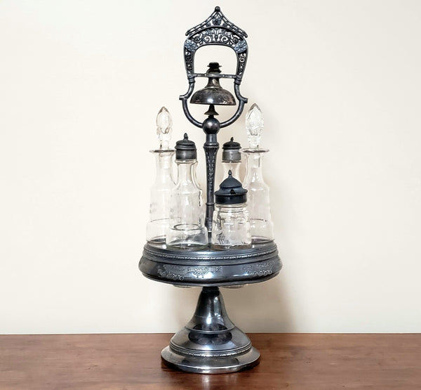 Antique Victorian Castor Set w/ Built in Servant Dinner Bell by Meriden B. Co. Mid 1800's
